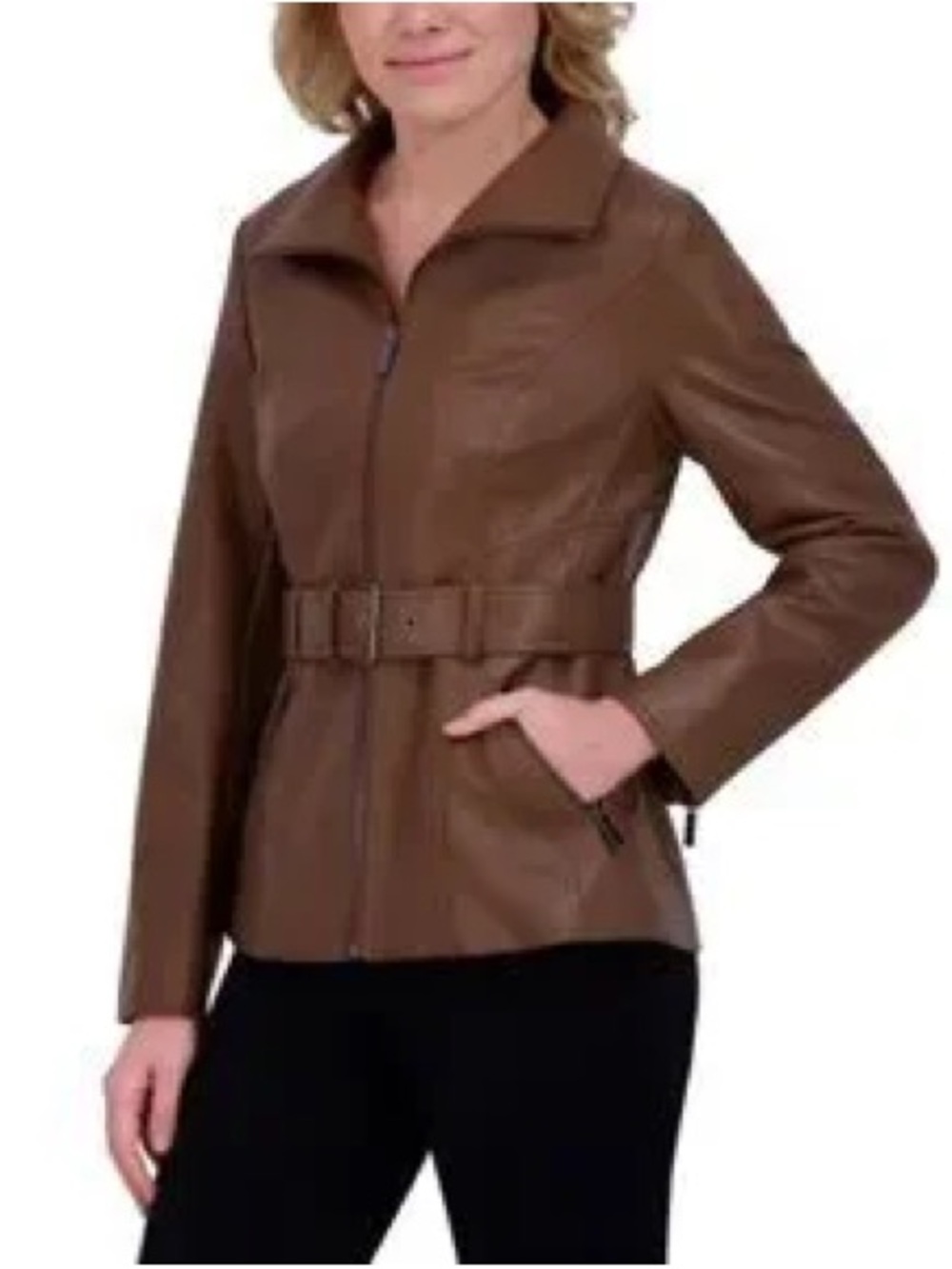 NWT - Kenneth Cole Women's Brown Belted Faux Leather Jacket